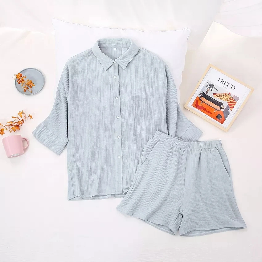 in Stock Wholesale Plain Color Breathable Lounge Wear Sleepwear Pajamas Set Cotton Gauze Pajamas Sleepwear