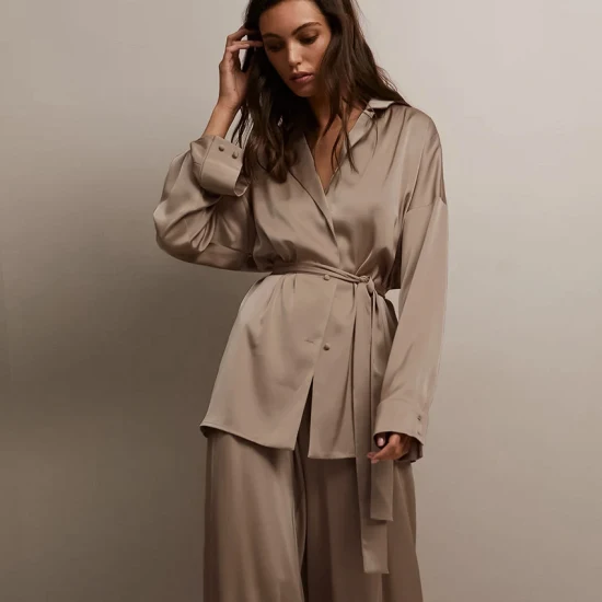 Automne pantalons costumes à lacets manches longues Satin salon porter Robe vêtements de nuit femmes pyjama